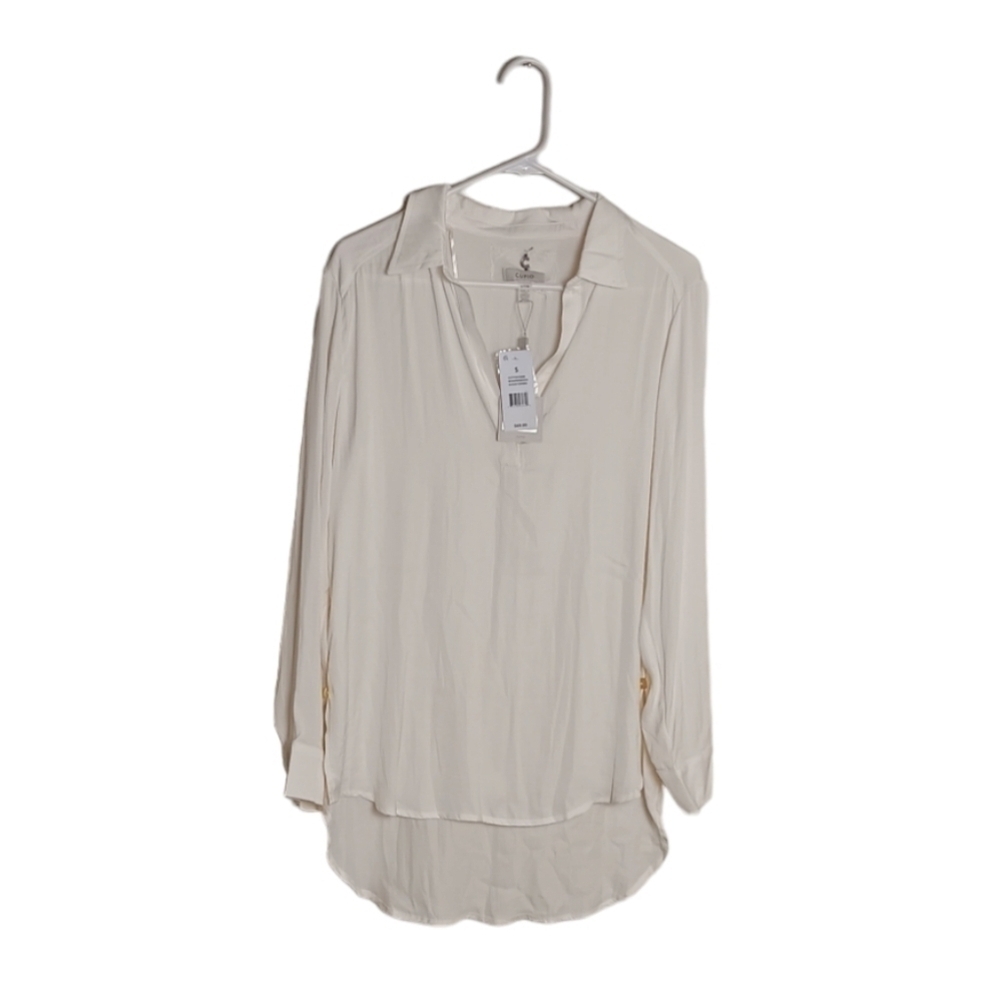 NWT Cupio Women's Cream Long Sleeve Flowy Soft V-Neck Gold Bottons Blous…